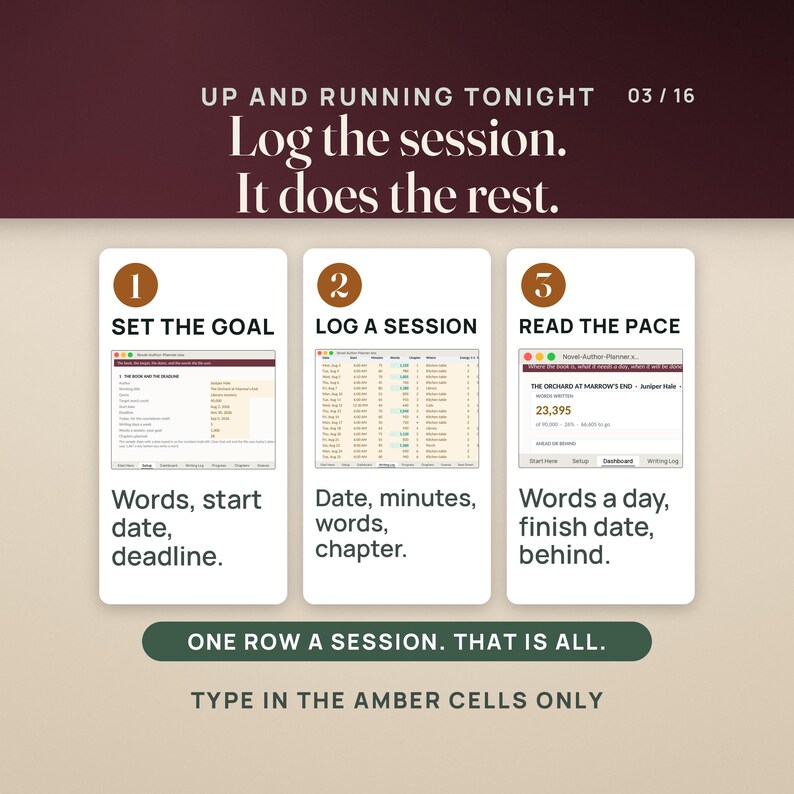 May include: A digital instructional graphic titled UP AND RUNNING TONIGHT 03/16 Log the session. It does the rest. It features three numbered steps: 1 SET THE GOAL, 2 LOG A SESSION, and 3 READ THE PACE, with screenshots and text instructions.