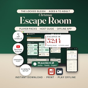 Christmas Escape Room, The Locked Sleigh: the Game Master app's map on a laptop and a phone showing Escaped in 52:14 with 4 hints. 3 levels, ages 6 to adult, 36 puzzles, an ornament hunt, 15-minute setup and a YouTube tutorial.