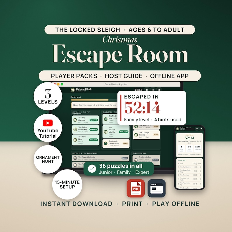 Christmas Escape Room, The Locked Sleigh: the Game Master app's map on a laptop and a phone showing Escaped in 52:14 with 4 hints. 3 levels, ages 6 to adult, 36 puzzles, an ornament hunt, 15-minute setup and a YouTube tutorial.