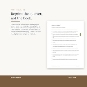 The refill pack: the quarter, month and week pages supplied as a separate file, so starting a new quarter costs a few sheets of paper instead of reprinting the whole eighty page book.