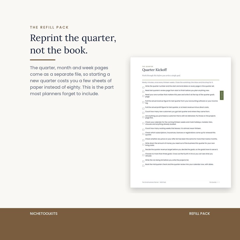 The refill pack: the quarter, month and week pages supplied as a separate file, so starting a new quarter costs a few sheets of paper instead of reprinting the whole eighty page book.