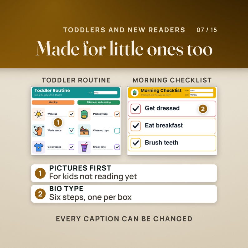 Made for little ones too. Left, Posy's Bright toddler routine: picture rows for wake up, wash hands, get dressed, pack my bag, clean up toys and snack time, each with a check box. Right, the morning checklist in big type: get dressed, eat breakfast and brush teeth, all checked. Rows: pictures first, for kids not reading yet; big type, six steps, one per box. Caption: every caption can be changed.