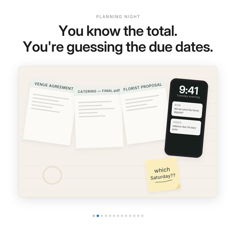 May include: A digital graphic titled PLANNING NIGHT with the text You know the total. You're guessing the due dates. It displays three documents labeled VENUE AGREEMENT, CATERING - FINAL.pdf, and FLORIST PROPOSAL, a smartphone, and a yellow sticky note.