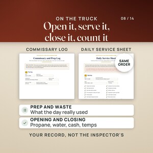 Op de afbeelding: Een digitale documentenset getiteld On The Truck met een Commissary Log en Daily Service Sheet. De formulieren bevatten velden voor datums, locaties en checklists voor voorbereiding, afval, opening en sluiting van foodtruckactiviteiten.