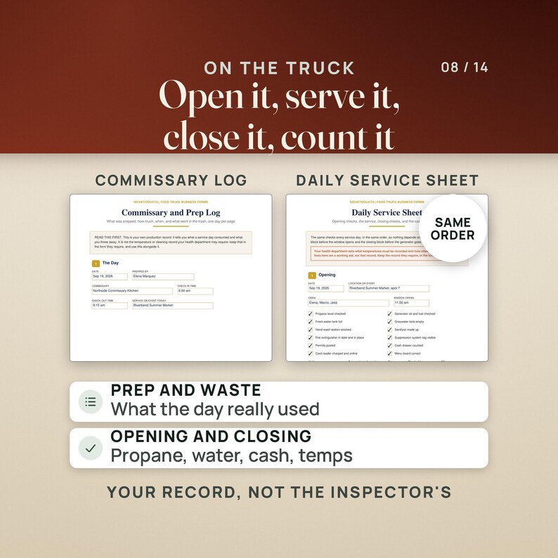 Op de afbeelding: Een digitale documentenset getiteld On The Truck met een Commissary Log en Daily Service Sheet. De formulieren bevatten velden voor datums, locaties en checklists voor voorbereiding, afval, opening en sluiting van foodtruckactiviteiten.