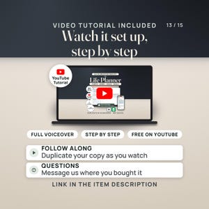 Video tutorial included: a laptop plays the YouTube tutorial whose thumbnail is this listing's hero image. Pills read full voiceover, step by step and free on YouTube. Rows say follow along and duplicate your copy as you watch. Caption: link in the item description.