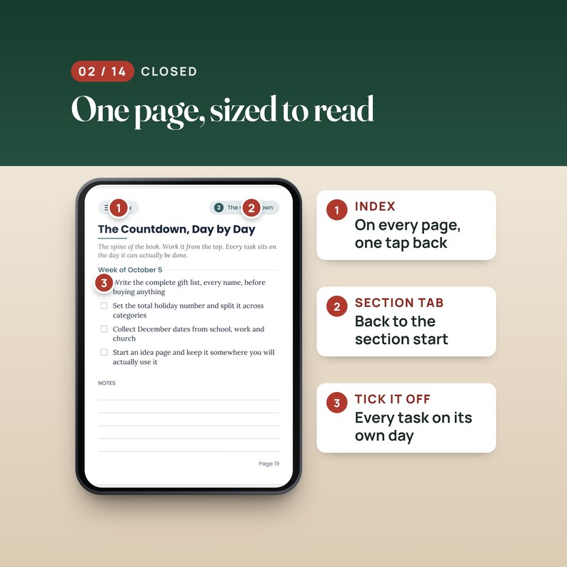 K&ouml;nnte beinhalten: Eine digitale Planerseite mit dem Titel The Countdown, Day by Day, die eine Checkliste f&uuml;r den 5. Oktober enth&auml;lt. Die Benutzeroberfl&auml;che zeigt nummerierte Navigationspunkte: 1 f&uuml;r Index, 2 f&uuml;r Section Tab und 3 f&uuml;r Tick It Off.