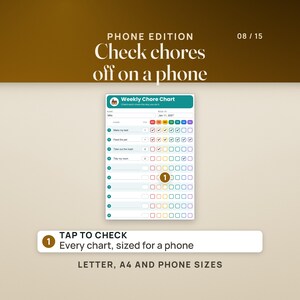 The phone edition: Milo's Bright weekly chore chart on a phone-size page, with name and week fields, day boxes from MO to SU, his four chores checked and six empty rows below. Pin 1 marks an empty row. Row: tap to check, every chart sized for a phone. Caption: Letter, A4 and phone sizes.