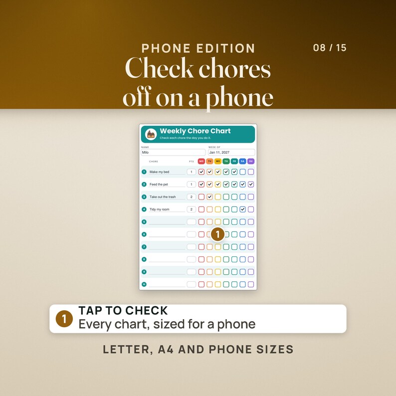 The phone edition: Milo's Bright weekly chore chart on a phone-size page, with name and week fields, day boxes from MO to SU, his four chores checked and six empty rows below. Pin 1 marks an empty row. Row: tap to check, every chart sized for a phone. Caption: Letter, A4 and phone sizes.