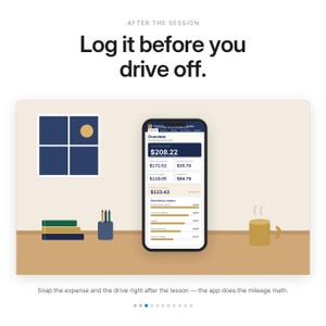 May include: A smartphone displays a financial tracking app interface with a dashboard showing a total deduction of $208.22. The screen features text including "Overview" and "Log it before you drive off." A desk scene includes a window, books, pens, and a mug.