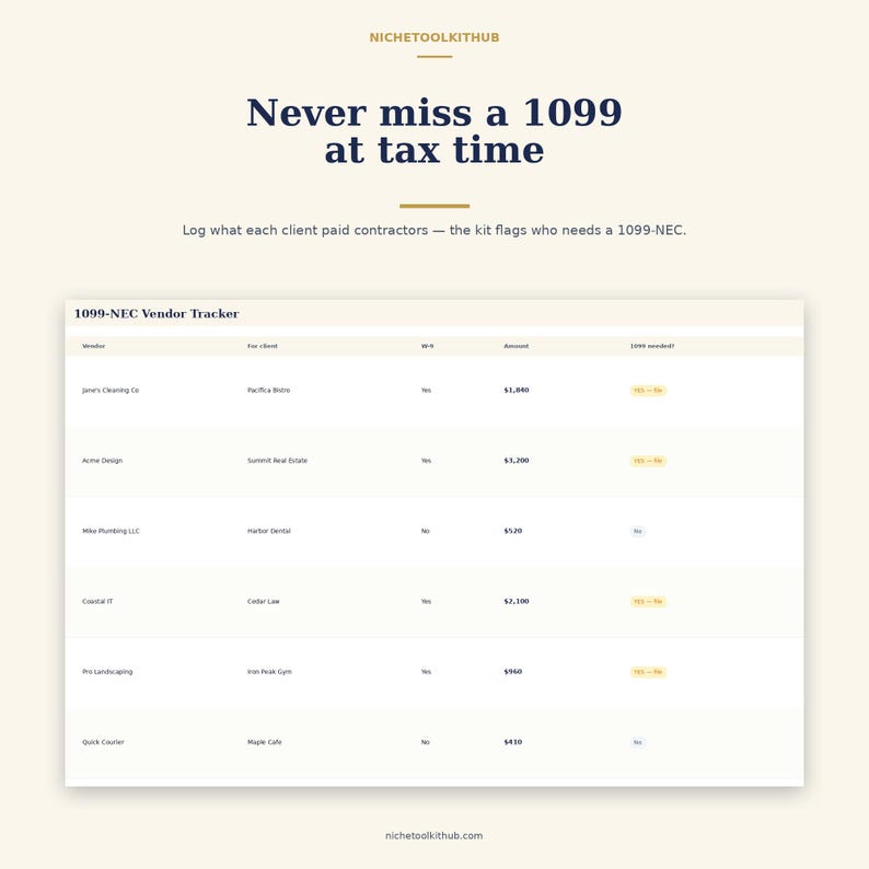 May include: A digital 1099-NEC vendor tracker spreadsheet with dark blue text on a cream background. The header reads Never miss a 1099 at tax time. The table includes columns for vendor, client, W-9 status, payment amount, and 1099 requirement status.