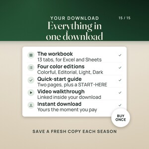 Everything in one download: the 13-tab workbook for Excel and Google Sheets, four color editions (Colorful, Editorial, Light and Dark), a two-page quick-start guide plus a START-HERE file, a video walkthrough linked inside the download, and an instant download. A seal reads Buy once, and the caption reads Save a fresh copy each season.