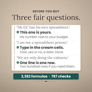 Puede incluir: Un gr&aacute;fico digital titulado BEFORE YOU BUY Three fair questions. Enumera tres preocupaciones comunes sobre hojas de c&aacute;lculo con soluciones: This one is yours, Type in the cream cells y One line is one row. Incluye 2.382 f&oacute;rmulas y 787 comprobaciones.