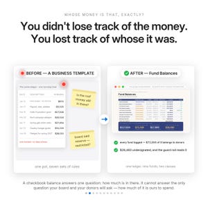 Puede incluir: Una infograf&iacute;a que compara una plantilla de libro mayor empresarial con un sistema de saldos de fondos. El texto dice: Whose money is that, exactly? You didn't lose track of the money. You lost track of whose it was. Muestra un antes y despu&eacute;s.