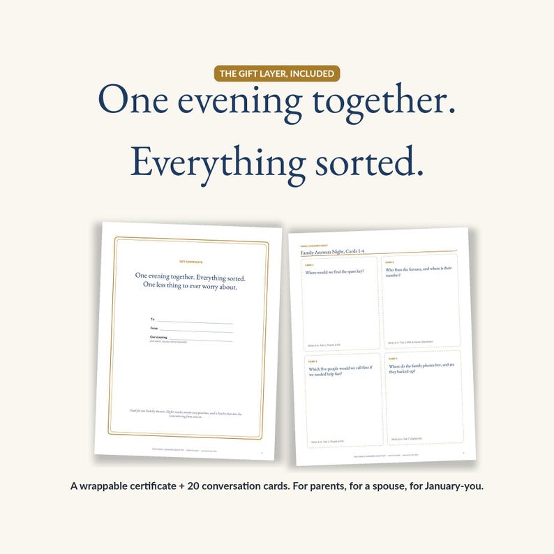 The Family Answers Night gift kit: a gold-bordered gift certificate reading one evening together, everything sorted, and a page of conversation cards, for parents, a spouse, or yourself in January.