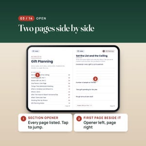 K&ouml;nnte beinhalten: Eine digitale Planeroberfl&auml;che, die zwei Seiten nebeneinander anzeigt. Die linke Seite ist mit Gift Planning betitelt und enth&auml;lt eine Liste von Abschnitten. Die rechte Seite ist mit Set the List and the Ceiling betitelt und bietet leere Zeilen.