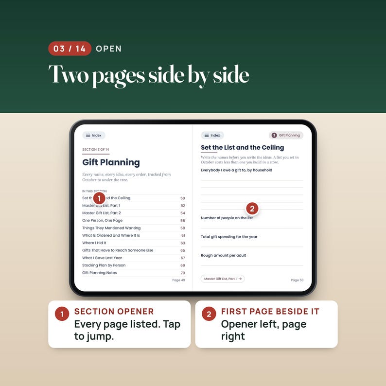 K&ouml;nnte beinhalten: Eine digitale Planeroberfl&auml;che, die zwei Seiten nebeneinander anzeigt. Die linke Seite ist mit Gift Planning betitelt und enth&auml;lt eine Liste von Abschnitten. Die rechte Seite ist mit Set the List and the Ceiling betitelt und bietet leere Zeilen.