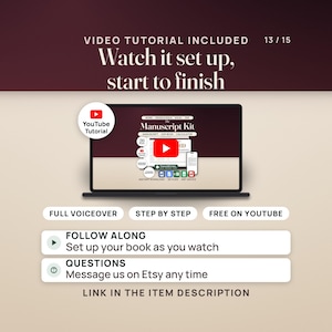 Video tutorial pane: a laptop shows the tutorial thumbnail with a play button and a YouTube seal, with pills reading full voiceover, step by step and free on YouTube. The link is in the item description.