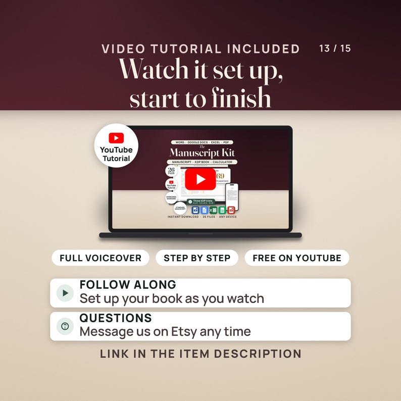 Video tutorial pane: a laptop shows the tutorial thumbnail with a play button and a YouTube seal, with pills reading full voiceover, step by step and free on YouTube. The link is in the item description.