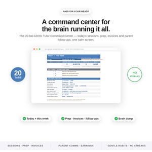 Op de afbeelding: Een digitaal ADHD Tutor Command Center spreadsheet met 20 tabbladen. De interface toont secties voor sessies van vandaag, voorbereiding, facturen en ouder-follow-ups. De tekst bevat 'A command center for the brain running it all'.