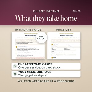May include: A digital template set featuring aftercare cards and a service price list for lash technicians. The documents include sections for business details, lash extension aftercare instructions, and service pricing, with text labels like Client Facing and What they take home.