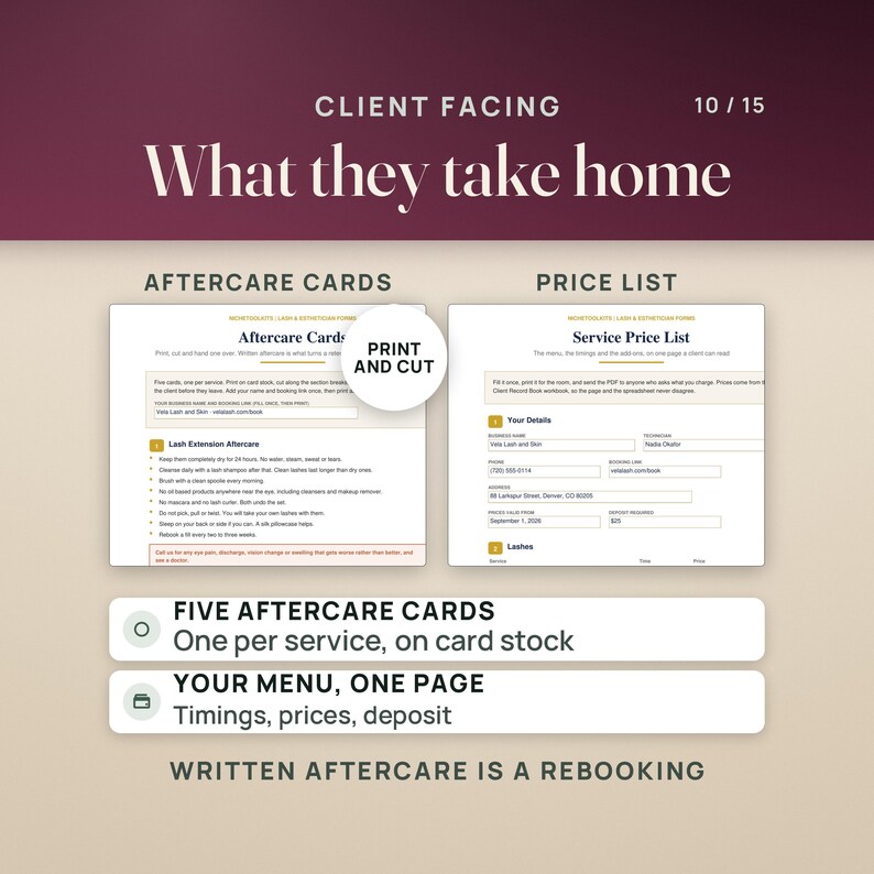 May include: A digital template set featuring aftercare cards and a service price list for lash technicians. The documents include sections for business details, lash extension aftercare instructions, and service pricing, with text labels like Client Facing and What they take home.