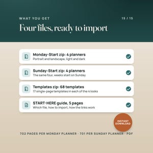 What you get: the Monday-Start zip with 4 planners, the Sunday-Start zip with 4 planners, the Templates zip with 68 templates and the 5-page START-HERE guide. 702 pages per Monday planner, 701 per Sunday planner. Instant download.