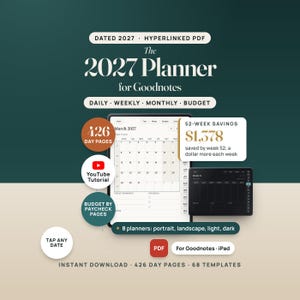 2027 Digital Planner for GoodNotes, Hyperlinked iPad Planner with Budget by Paycheck Pages, Dated Daily Weekly Monthly, Light and Dark Mode