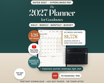 2027 Digital Planner for GoodNotes, Hyperlinked iPad Planner with Budget by Paycheck Pages, Dated Daily Weekly Monthly, Light and Dark Mode