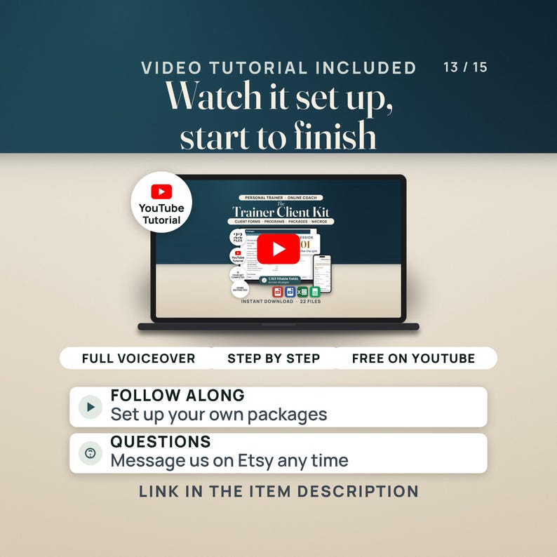 Op de afbeelding: Een laptopscherm met een video-tutorial voor The Trainer Client Kit, inclusief de teksten: VIDEO TUTORIAL INCLUDED, Watch it set up, start to finish, FULL VOICEOVER, STEP BY STEP, FREE ON YOUTUBE, FOLLOW ALONG en QUESTIONS.