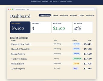 Photographer Pricing and Booking Dashboard | Cost of Doing Business Calculator App | Package Quote, Print Markup & Client CRM, No Install