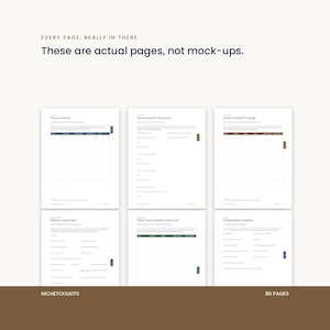 A grid of six real pages from the planner, shown to make the point that these are actual pages and not mock-ups. Includes the year at a glance, quarter goals, month on month tracking, hourly rate and customer source pages.