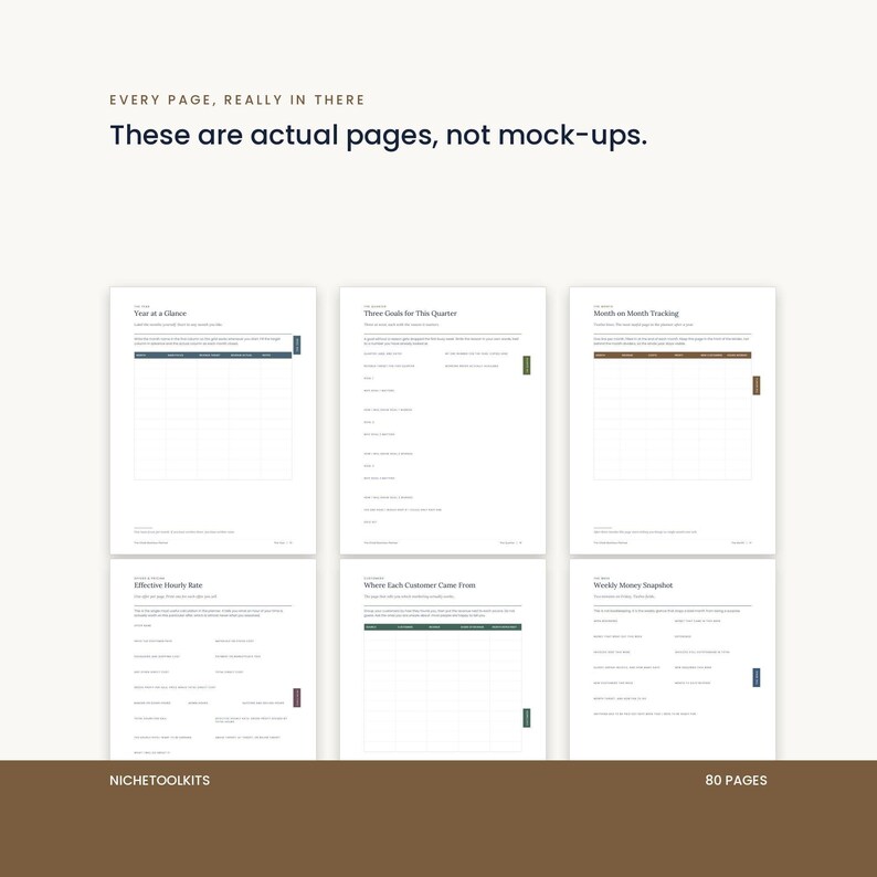 A grid of six real pages from the planner, shown to make the point that these are actual pages and not mock-ups. Includes the year at a glance, quarter goals, month on month tracking, hourly rate and customer source pages.