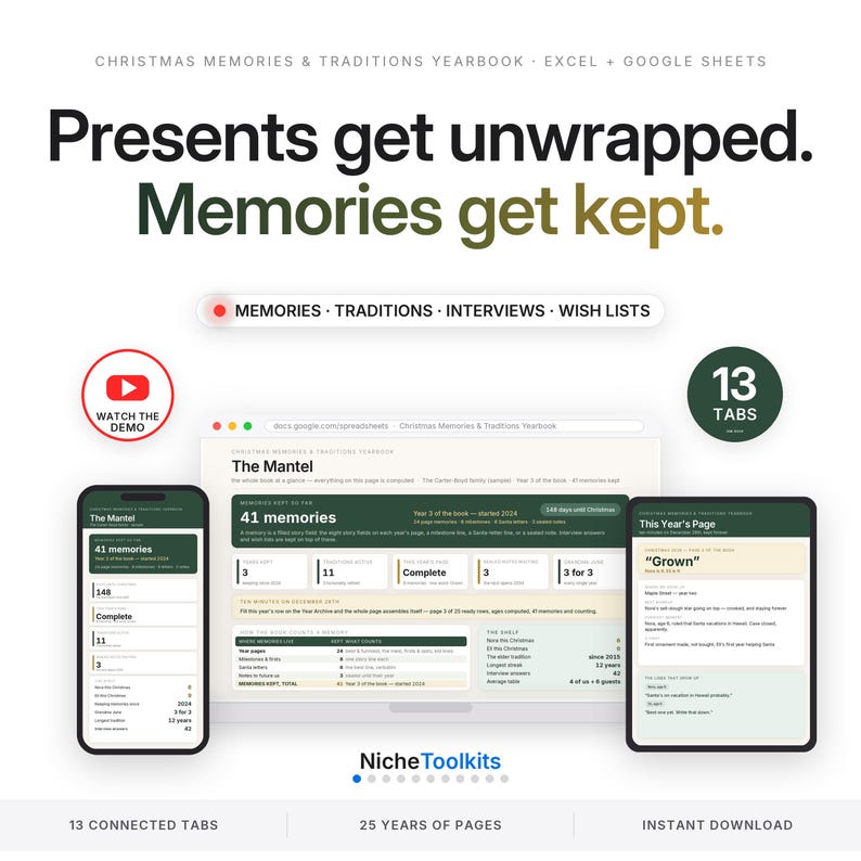 Puede incluir: Una plantilla digital de anuario de recuerdos y tradiciones navide&ntilde;as para Excel y Google Sheets. La interfaz muestra 13 pesta&ntilde;as, incluyendo secciones para recuerdos, tradiciones, entrevistas y listas de deseos en escritorio, tel&eacute;fono y tableta.