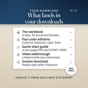 What you get: the workbook with 9 tabs for Excel and Google Sheets, four color editions (Colorful, Editorial, Light and Dark), a two-page quick-start PDF and a START-HERE file, a video walkthrough linked inside the download, as an instant download.