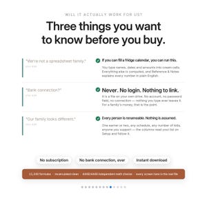 May include: An informational graphic titled Three things you want to know before you buy. It lists three common questions about spreadsheet software, including bank connections and family customization, with answers emphasizing privacy, no logins, and ease of use.