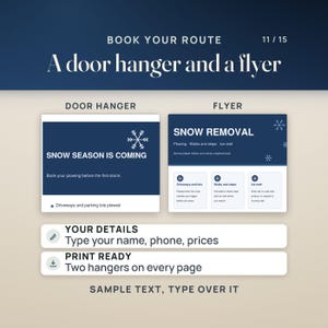 A door hanger, two per page, and a flyer to book your route: sample text you type over with your name, phone and prices, ready to print.
