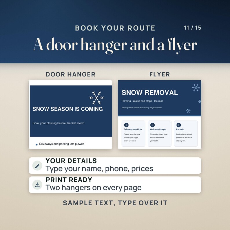 A door hanger, two per page, and a flyer to book your route: sample text you type over with your name, phone and prices, ready to print.