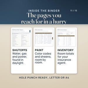 Three more binder pages: Shutoffs and Where Things Are, filled with where the water, gas and electrical shutoffs are; Paint Colors by Room with brand, color code and sheen; and the Home Inventory Summary with room totals for an insurance agent.