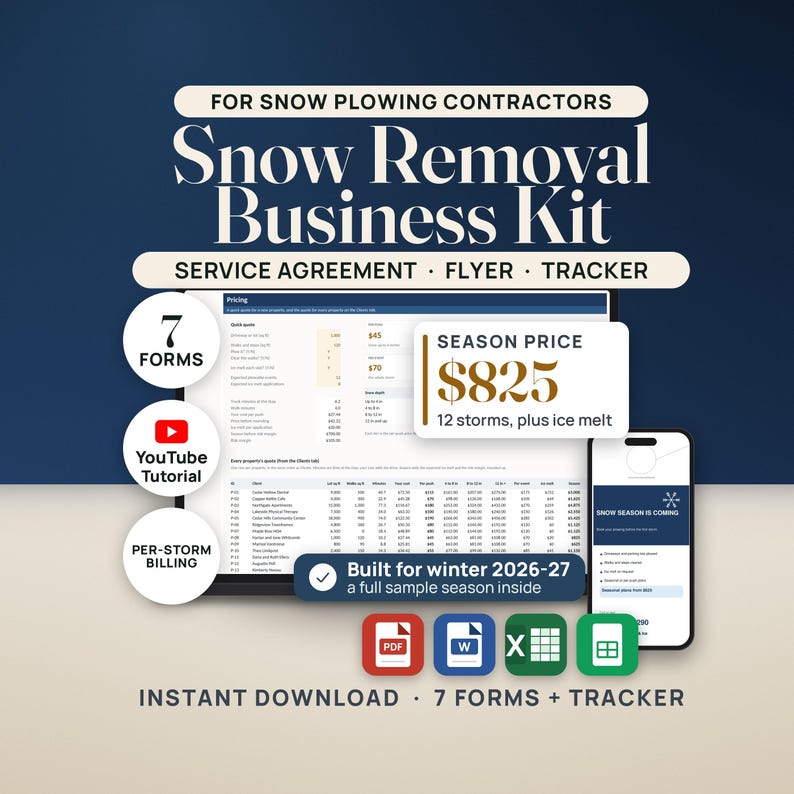 Snow Removal Business Kit on a laptop and phone: the Pricing tab with a season price of $825 for 12 storms plus ice melt, 7 fillable forms, a YouTube tutorial and per-storm billing, for PDF, Word, Excel and Google Sheets.