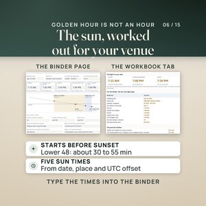 Golden hour is not an hour. Left, the binder's filled Sun and Light page: date, venue, latitude and longitude, five sun boxes, a sun-angle diagram and a light plan with a 34-minute portrait window and portraits at 6:55 PM. Right, the workbook's Sun and Light tab that computes those times. Rows read: golden hour starts before sunset, in the lower 48 about 30 to 55 minutes; five sun times from the date, place and UTC offset.