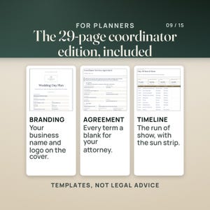 For planners, the 29-page coordinator edition is included. Three cards show its filled pages. Branding: a client cover with the planner's business name and a logo box. Agreement: the Coordinator Services Agreement, marked template only and not legal advice, every term a blank for your attorney. Timeline: the Day-Of Run of Show with the same sun strip. Caption: templates, not legal advice.