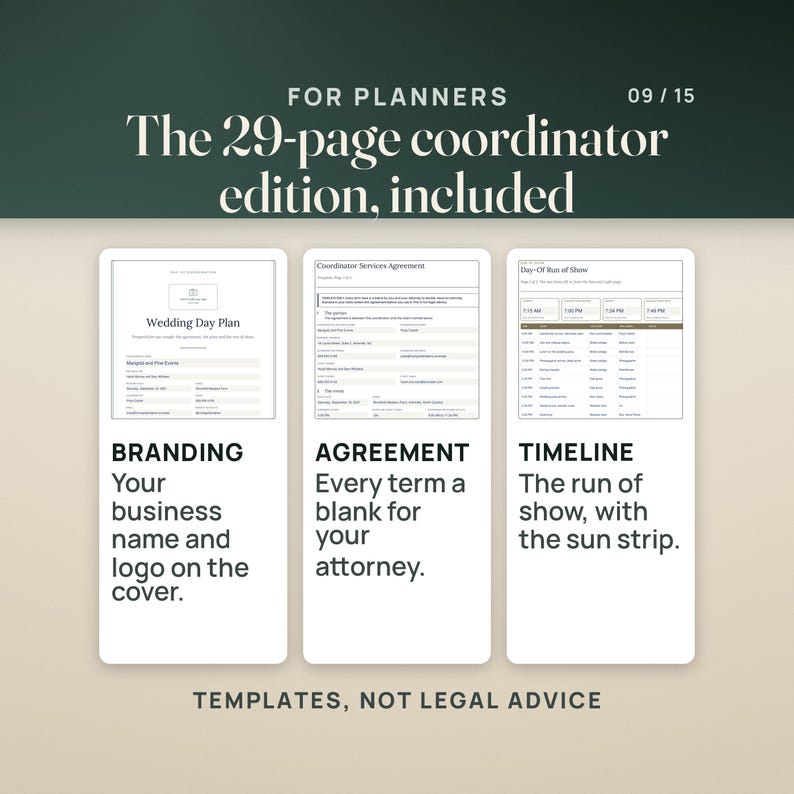 For planners, the 29-page coordinator edition is included. Three cards show its filled pages. Branding: a client cover with the planner's business name and a logo box. Agreement: the Coordinator Services Agreement, marked template only and not legal advice, every term a blank for your attorney. Timeline: the Day-Of Run of Show with the same sun strip. Caption: templates, not legal advice.