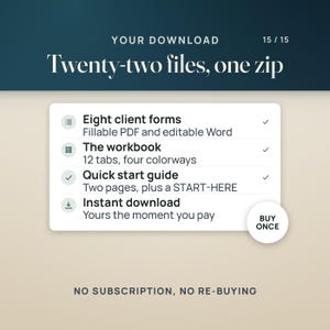 Op de afbeelding: Een digitale download-infographic met een donkerblauwe koptekst met de tekst YOUR DOWNLOAD 15/15 Twenty-two files, one zip. Een wit vak bevat Eight client forms, The workbook, Quick start guide en Instant download. Inclusief een BUY ONCE-badge.