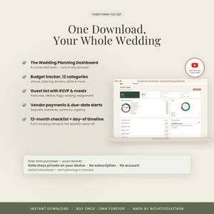 May include: A digital wedding planning dashboard displayed on a laptop screen. The text reads: One Download, Your Whole Wedding. Features include a budget tracker, guest list with RSVP, vendor payment alerts, and a 12-month checklist and timeline.