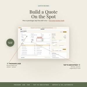 Pode incluir: Uma interface digital para um painel de controle Quote Builder exibido em uma tela. O layout inclui se&ccedil;&otilde;es para Package & Size, Add-ons e um Live Total. O texto inclui Build a Quote On the Spot e Tap to Add Extras.