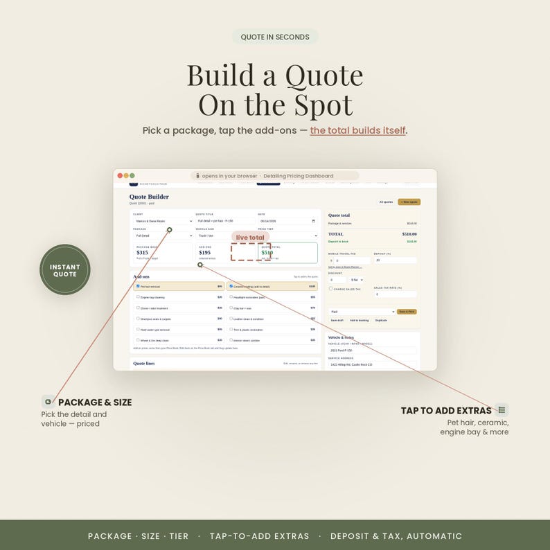 Pode incluir: Uma interface digital para um painel de controle Quote Builder exibido em uma tela. O layout inclui se&ccedil;&otilde;es para Package & Size, Add-ons e um Live Total. O texto inclui Build a Quote On the Spot e Tap to Add Extras.