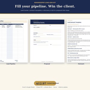 May include: A Bookkeeper Lead-Gen Kit featuring a lead pipeline spreadsheet, a bookkeeping proposal document, and cold outreach templates. The text includes "Fill your pipeline. Win the client." and "$12.97 instant download" with file formats listed.