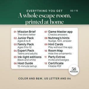 Everything you get: the Mission Brief, Junior, Family and Expert Player Packs, ink-light black and white editions, Host Guide, Game Master app, Nutmeg's hints, Hint Cards, Room Map, Party Extras and a fillable certificate. 36 puzzles.