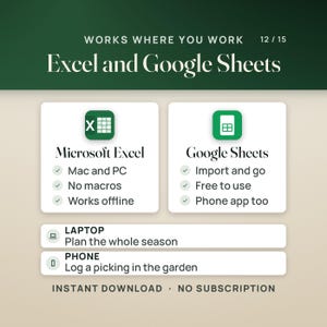 Works in Excel and Google Sheets. The Excel card lists Mac and PC, no macros and works offline. The Google Sheets card lists import and go, free to use and phone app too. Rows suggest planning the whole season on a laptop and logging a picking in the garden on a phone. The caption reads Instant download, no subscription.